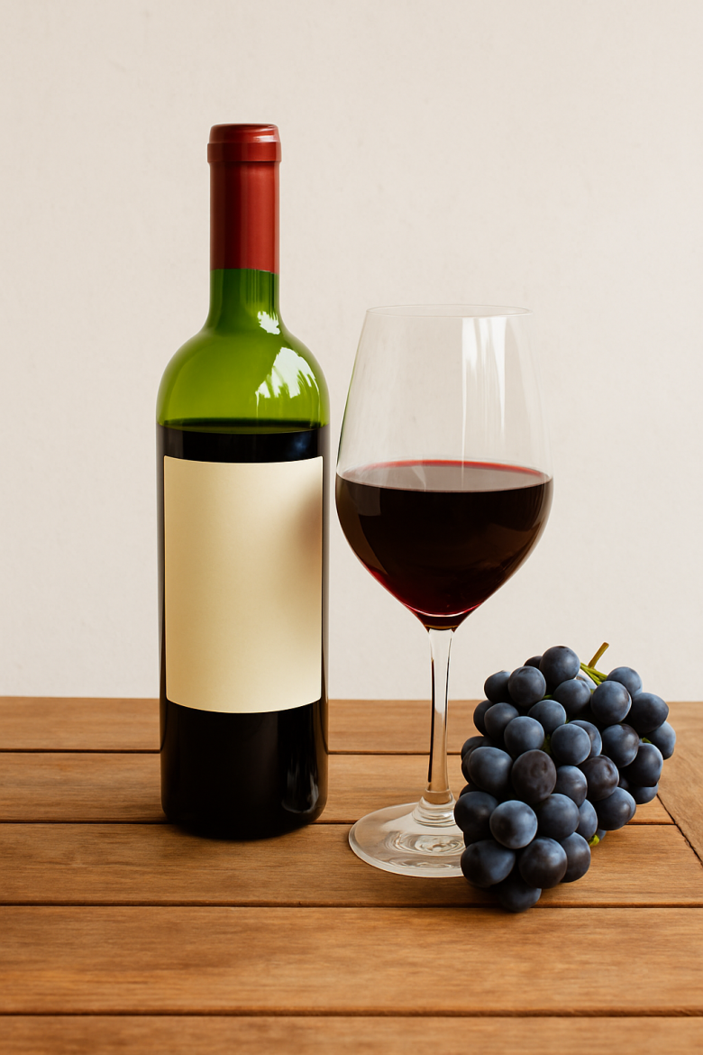 Weinflasche mit leerem Etikett, gefülltes Weinglas mit Rotwein und eine Traube dunkler Weintrauben auf einem Holztisch vor hellem Hintergrund