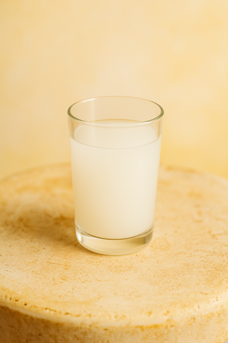 Glas mit trüb-weißem Getränk, traditionell servierter Raki mit Wasser auf hellem Natursteinuntergrund